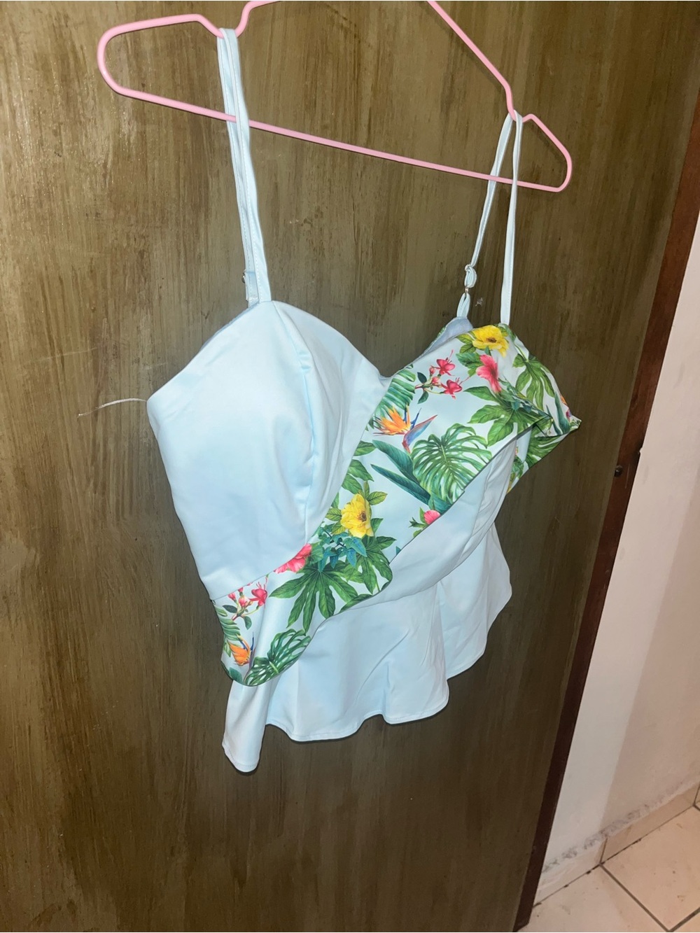 CHICWAYS White Tropical-Print Ruffle Camisole Top